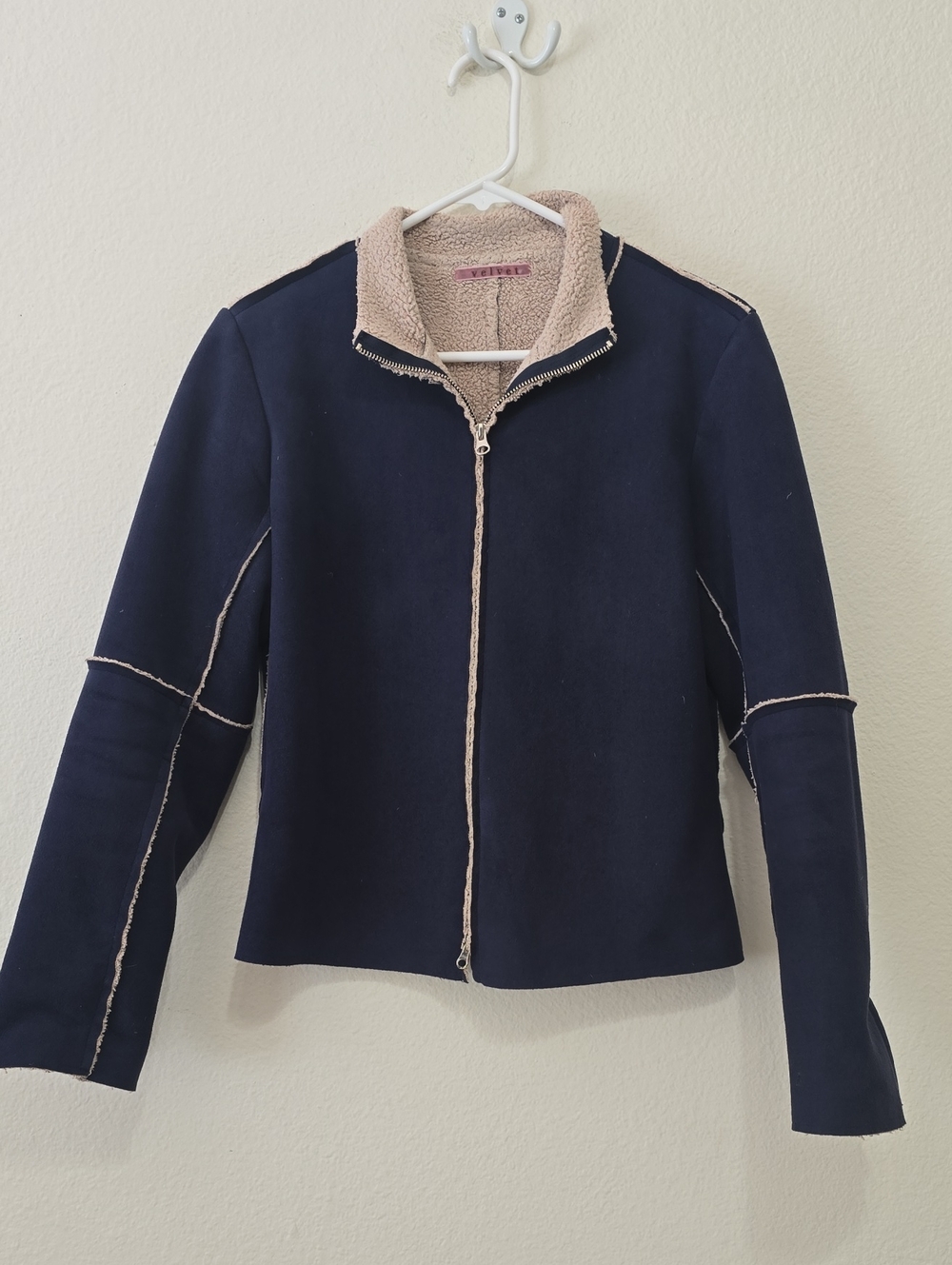 Velvet Navy Teddy Jacket with Cream Sherpa Trim S